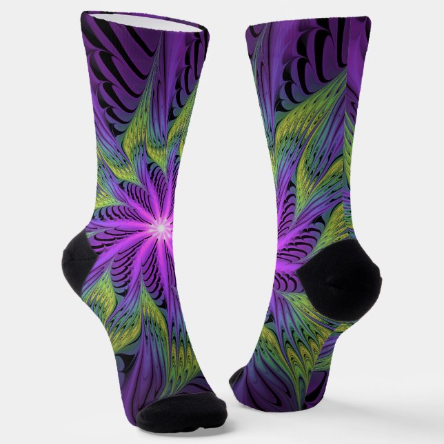 Chaussette Fleur verte violette Art abstrait fractal moderne (Angulaire)