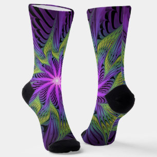 Chaussette Fleuron vert violet Art Abstrait fractal moderne