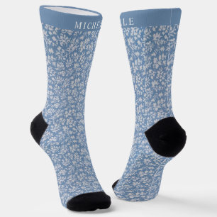 Chaussette Fleurs blanches en acier bleu floral