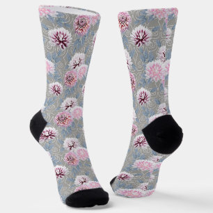 Chaussette Fleurs blanches et roses sur gris.