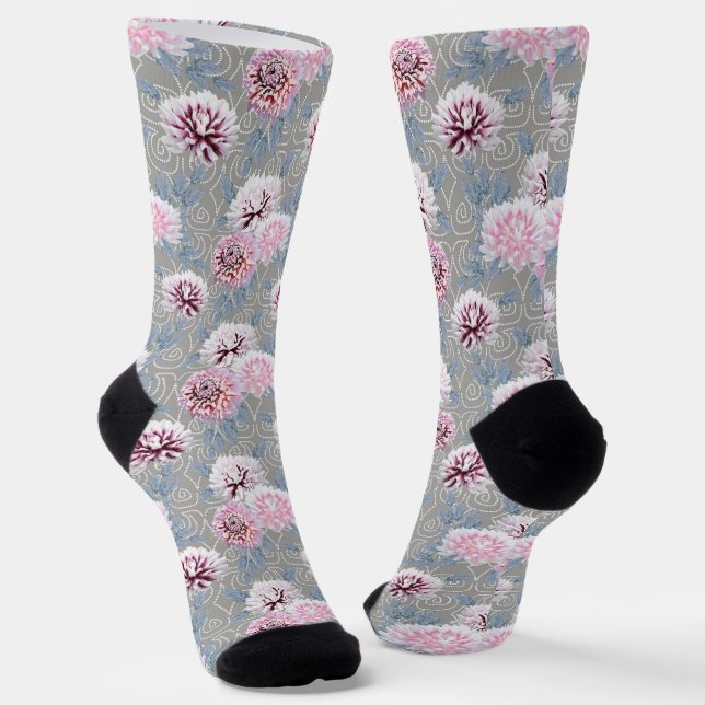 Chaussette Fleurs blanches et roses sur gris. (Angulaire)