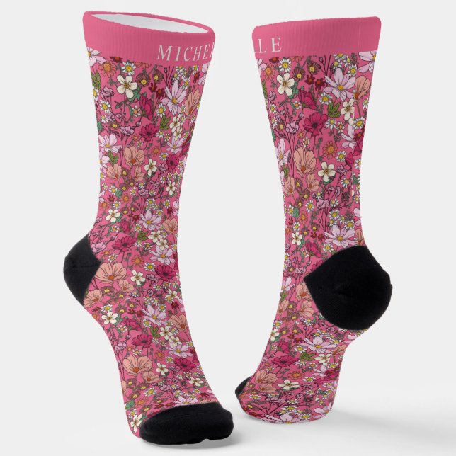 Chaussette Fleurs blanches personnalisées Motif floral rose (Angulaire)