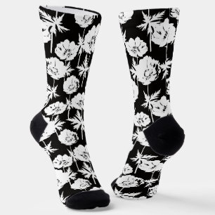 Chaussette Fleurs blanches sur fond noir.
