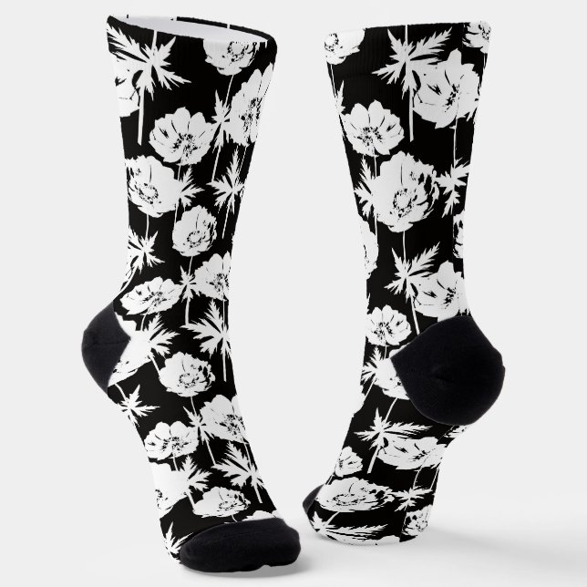 Chaussette Fleurs blanches sur fond noir. (Angulaire)