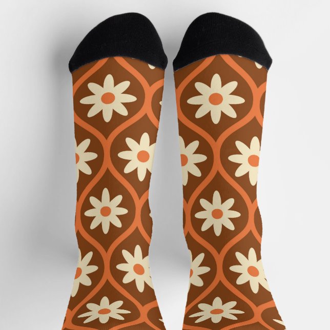 Chaussette Fleurs blanches sur motif ogee brun vintage  (Haut)