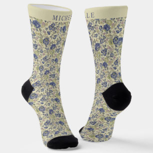 Chaussette Fleurs bleu floral jaune clair sur mesure