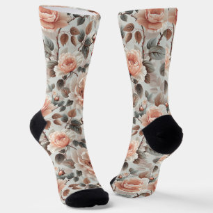 Chaussette Fleurs de crème avec feuilles gris sur un gris cla