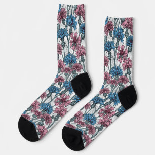 Chaussette Fleurs de maïs rose et bleu sur blanc