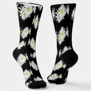 Chaussette Fleurs De Minuit : Fleurs De Cactus Blancs Sur Noi