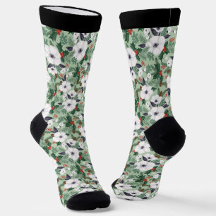 Chaussette Fleurs de Noël blanches et motif de baies rouges