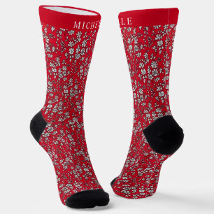 Chaussette Fleurs de Noël blanches Florales rouges personnali