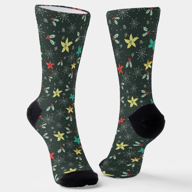 Chaussette Fleurs de Noël et motif de flocons blancs (Angulaire)