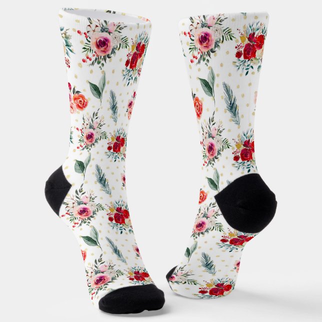 Chaussette Fleurs de Noël et motif evergreens (Angulaire)