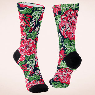 Chaussette Fleurs de Noël hivernales rouges et vertes colorée