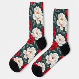 Chaussette Fleurs de pivoine rouges et blanches