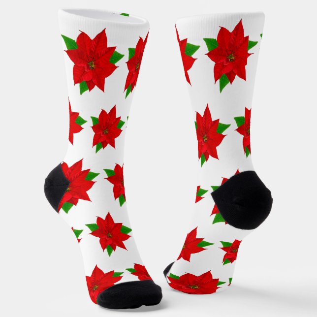 Chaussette Fleurs de Poinsettia de Noël sur fond blanc (Angulaire)
