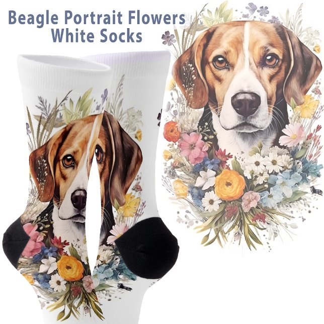 Chaussette Fleurs de Portrait beagles blanches (Beagle Portrait Flowers White Socks)