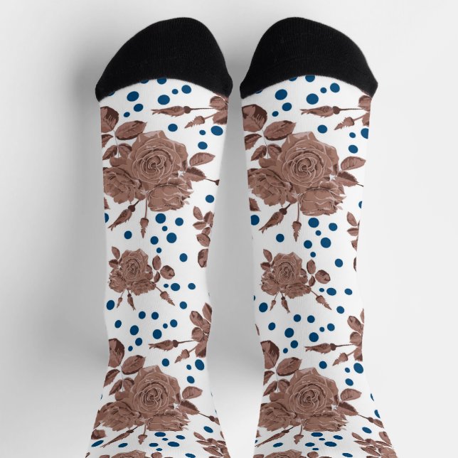 Chaussette Fleurs de rose beige marron sur fond à pois  (Haut)