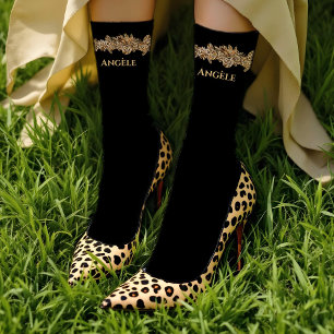 Chaussette Fleurs dorées de luxe Élégant Chic Classe Noir