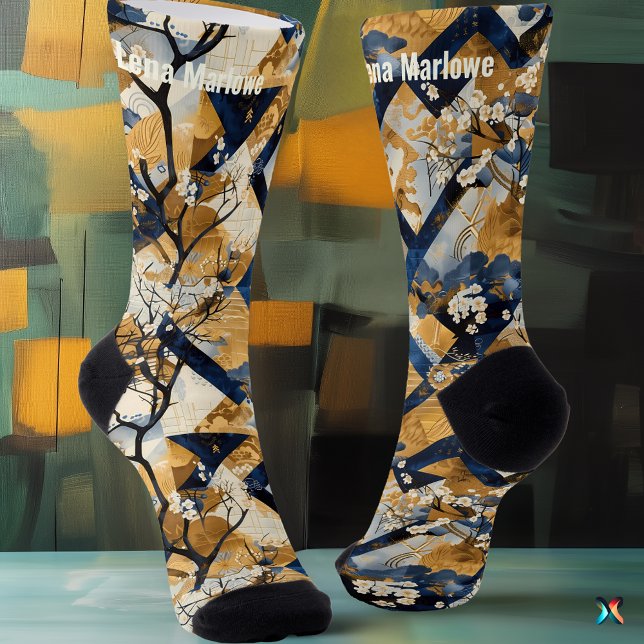 Chaussette Fleurs Élégantes et Patchwork Bleu – Personnalisé (Créateur téléchargé)