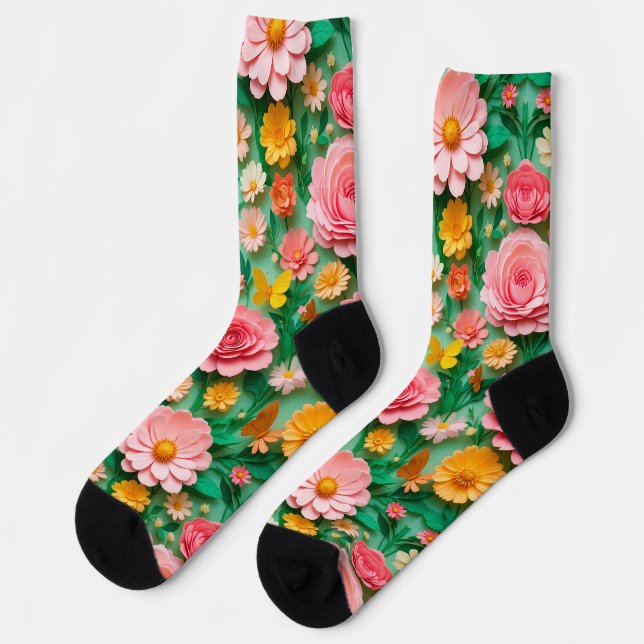 Chaussette Fleurs en papier colorées et papillons (Gauche)