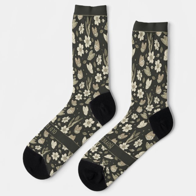 Chaussette Fleurs et papillons rétro sur gris foncé (Gauche)