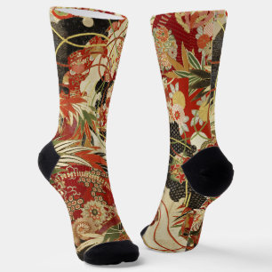Chaussette FLEURS JAPONAISES ANTIQUES Rouge Vert Noir Floral