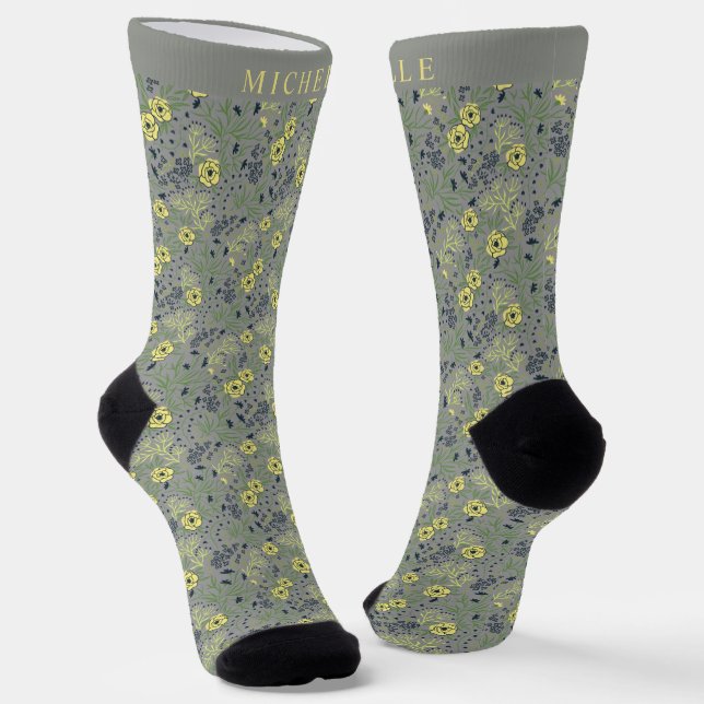 Chaussette Fleurs Jaunes Florales Gris Personnalisées (Angulaire)