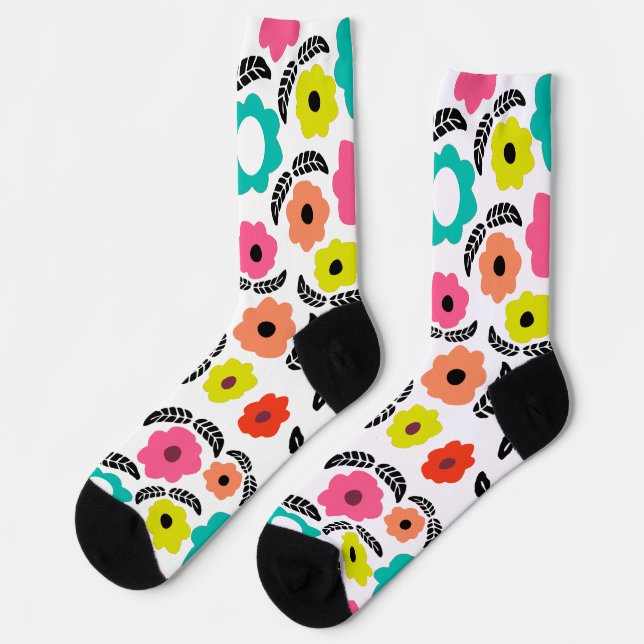 Chaussette Fleurs lumineuses modernes et feuille noire (Gauche)