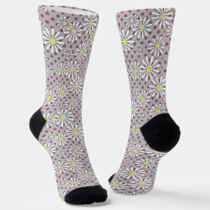 Chaussette Fleurs marguerites blanches sur un pois brun beige