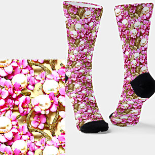 Chaussette Fleurs mauves perles blanches tiges d'or 3D effet