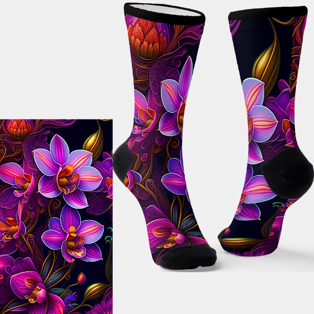 Chaussette Fleurs mauves violettes avec or sur noir (Créateur téléchargé)