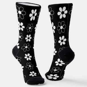 Chaussette Fleurs modernes en noir et blanc sur fond noir