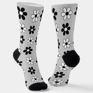 Chaussette Fleurs modernes noires et blanches sur gris argent