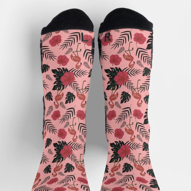 Chaussette Fleurs motifs et feuilles flamands roses (Haut)