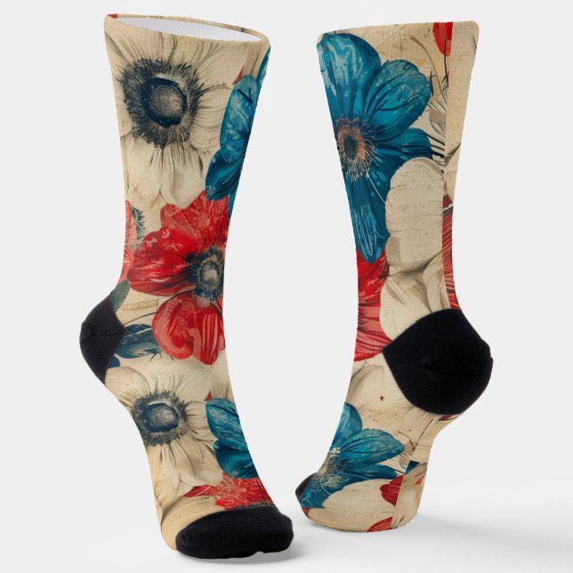 Chaussette fleurs patriotiques rouge blanc et bleu (Angulaire)