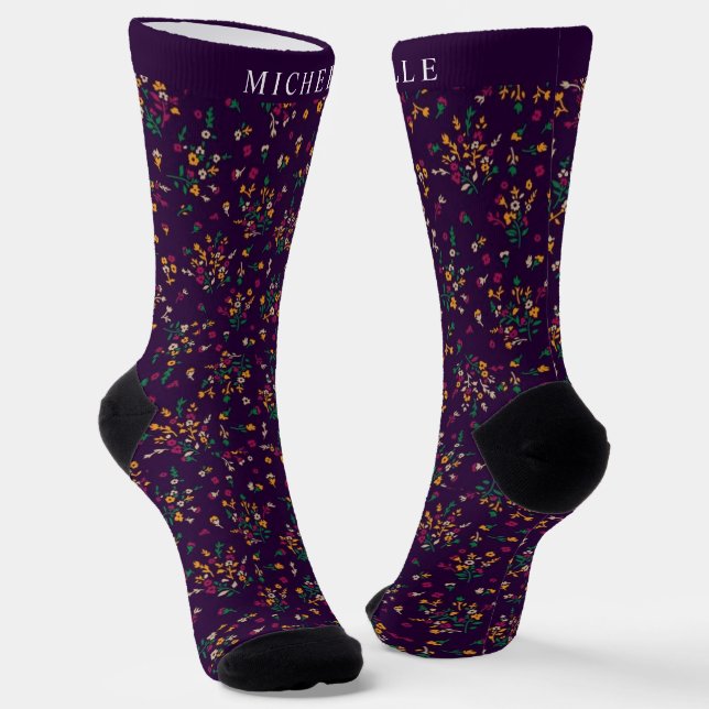 Chaussette Fleurs Personnalisées Violettes Florales Vertes Ja (Angulaire)