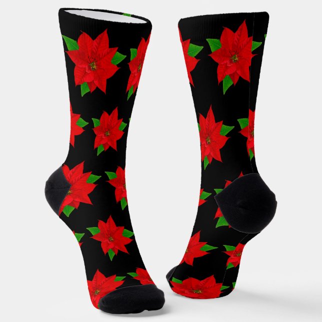 Chaussette Fleurs Poinsettia de Noël en noir (Angulaire)