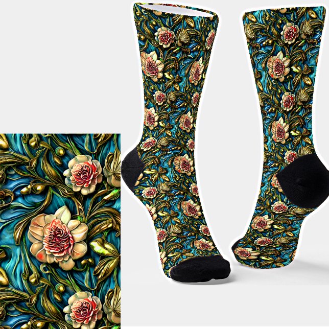 Chaussette Fleurs rose 3D Feuilles verts sur bleu (Créateur téléchargé)
