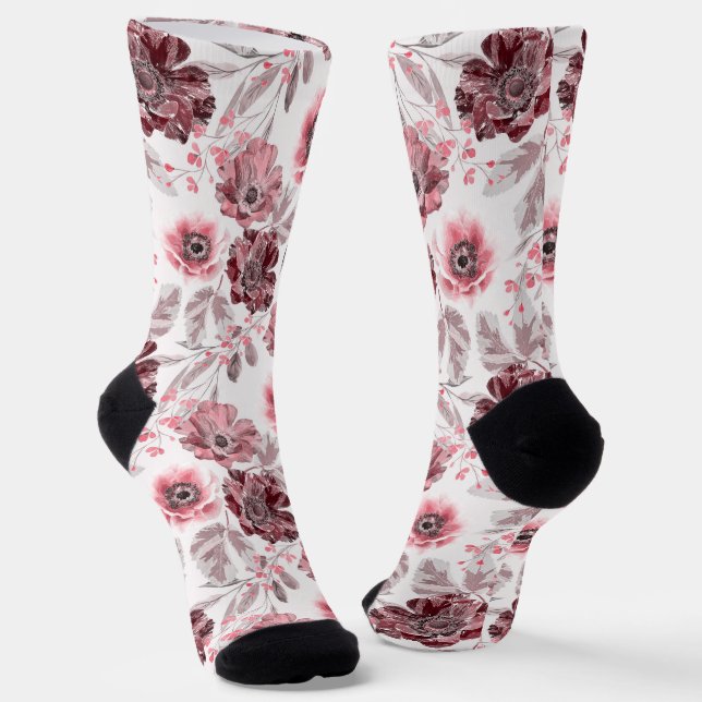 Chaussette Fleurs roses et bordeaux sur arrière - plan blanc. (Angulaire)