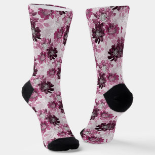 Chaussette Fleurs roses et bordeaux sur rose poussiéreux