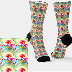 Chaussette Fleurs roses et jaunes florales sur Aqua