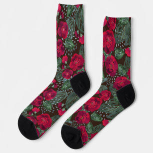 Chaussette Fleurs rouges, aquarelle motifs floraux.
