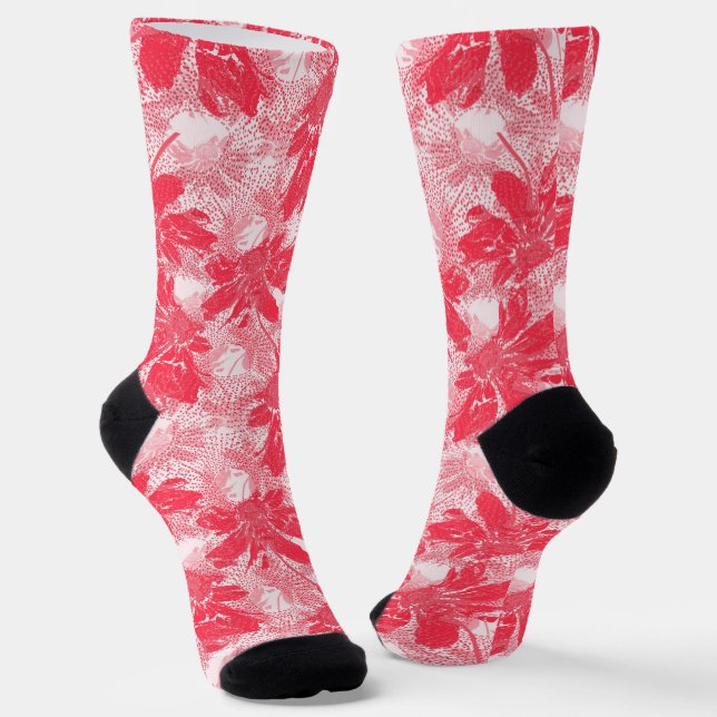 Chaussette Fleurs rouges sur blanc. (Angulaire)