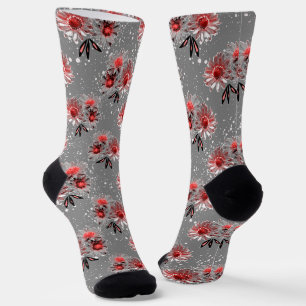 Chaussette Fleurs rouges sur gris