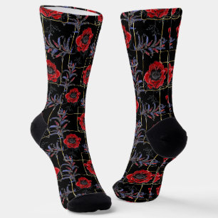 Chaussette Fleurs rouges sur le noir.