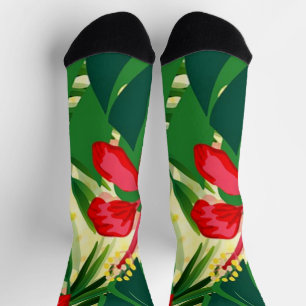 Chaussette Fleurs rouges tropicales et imprimés feuille