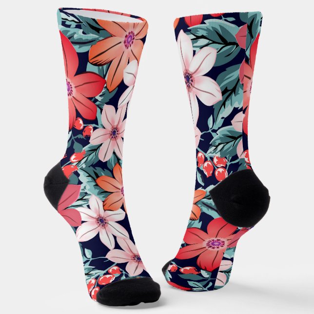 Chaussette Fleurs sans couture marine et rose moderne girly b (Angulaire)