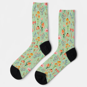 Chaussette Fleurs sauvages colorés en aquarelle sur vert