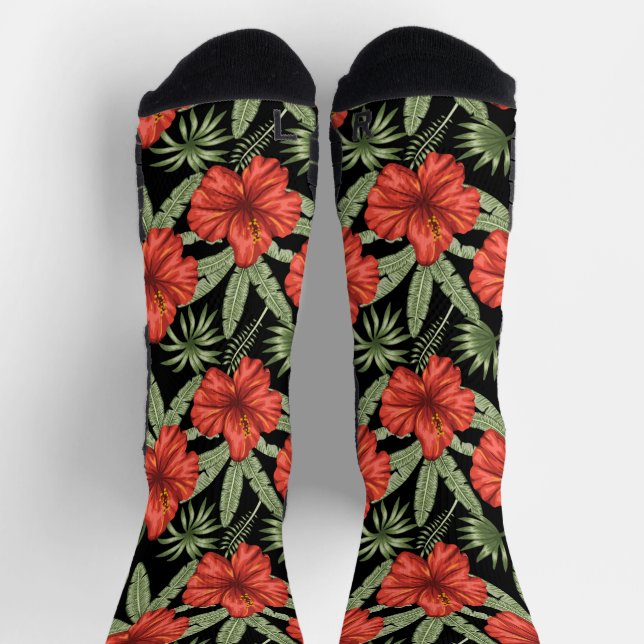 Chaussette Fleurs tropicales rouges sans coutures motif vert  (Haut)